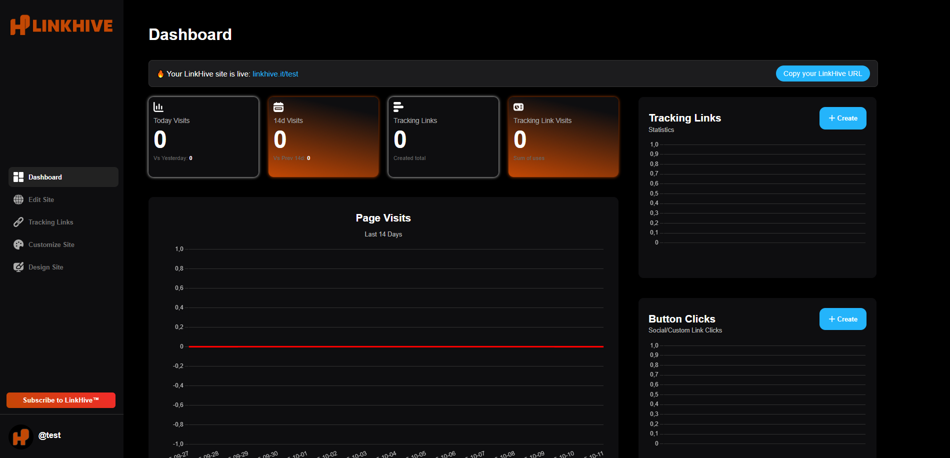 Dashboard with live site URL and stats