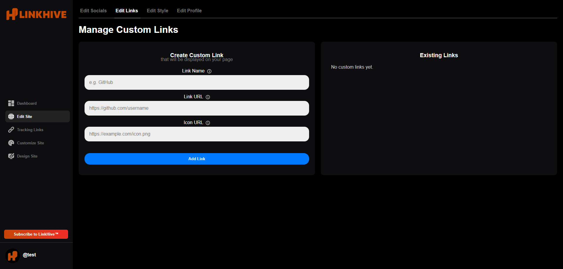 Create a custom link with name, URL and icon