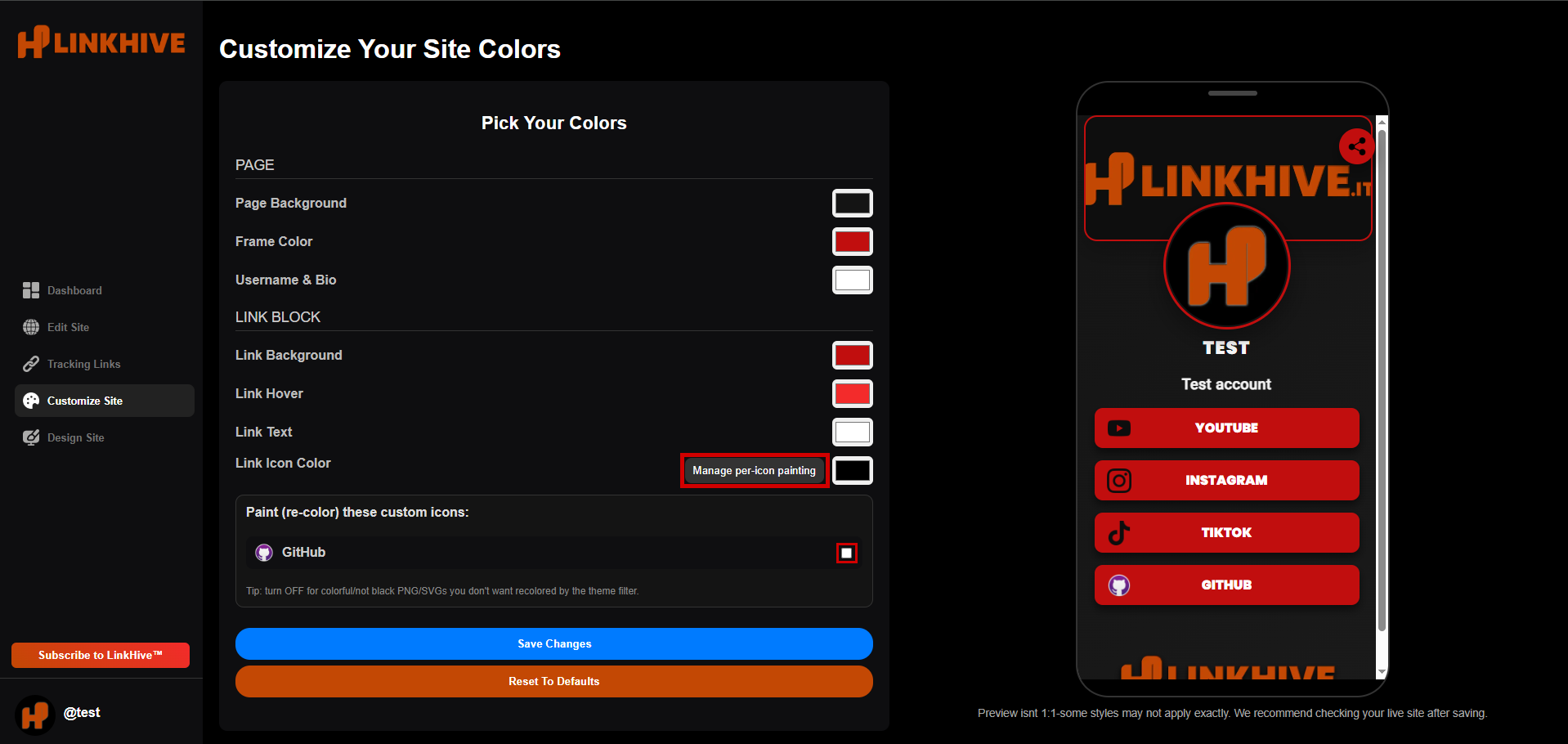 Per-icon painting controls in Customize Site