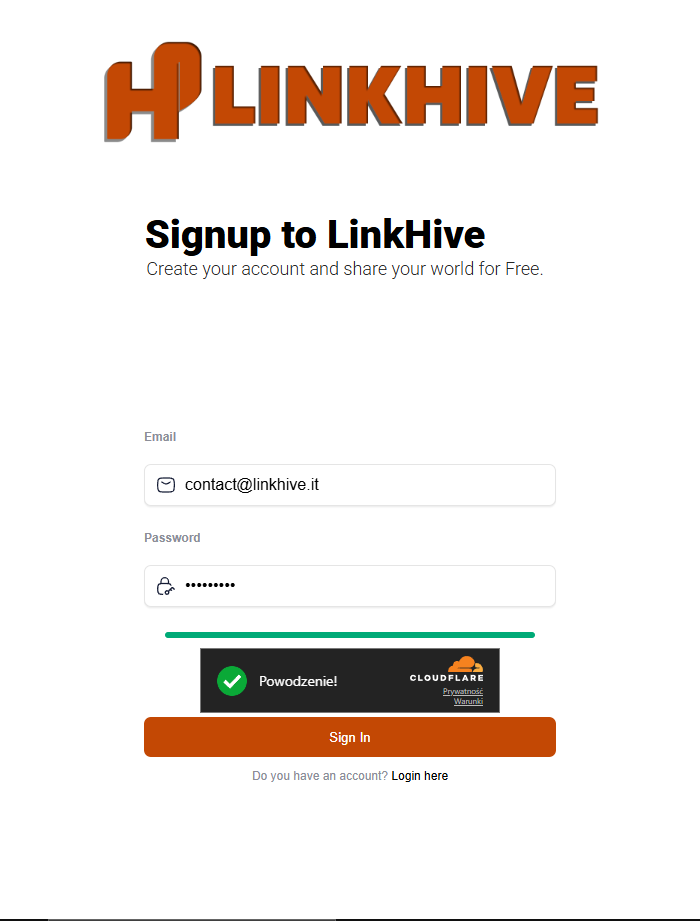 Enter email and password to create your LinkHive account
